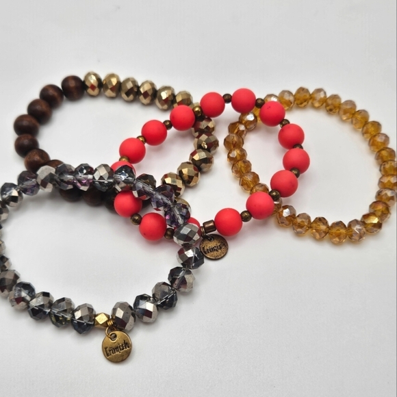 Erimish Stacking Stretch Pink Silver Bronze Rhinestone Beaded Bracelets Set of 4 - Picture 2 of 6